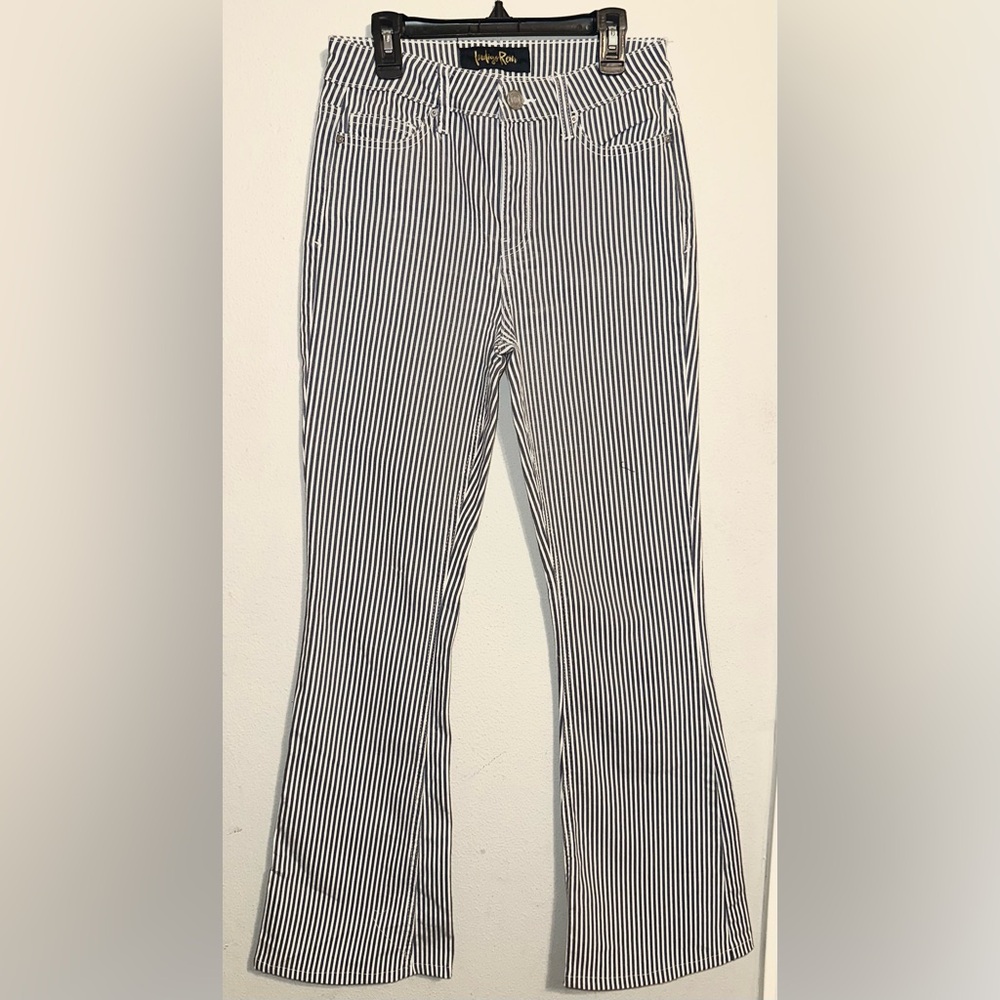Indigo Rein Navy and White Striped Flare Jeans